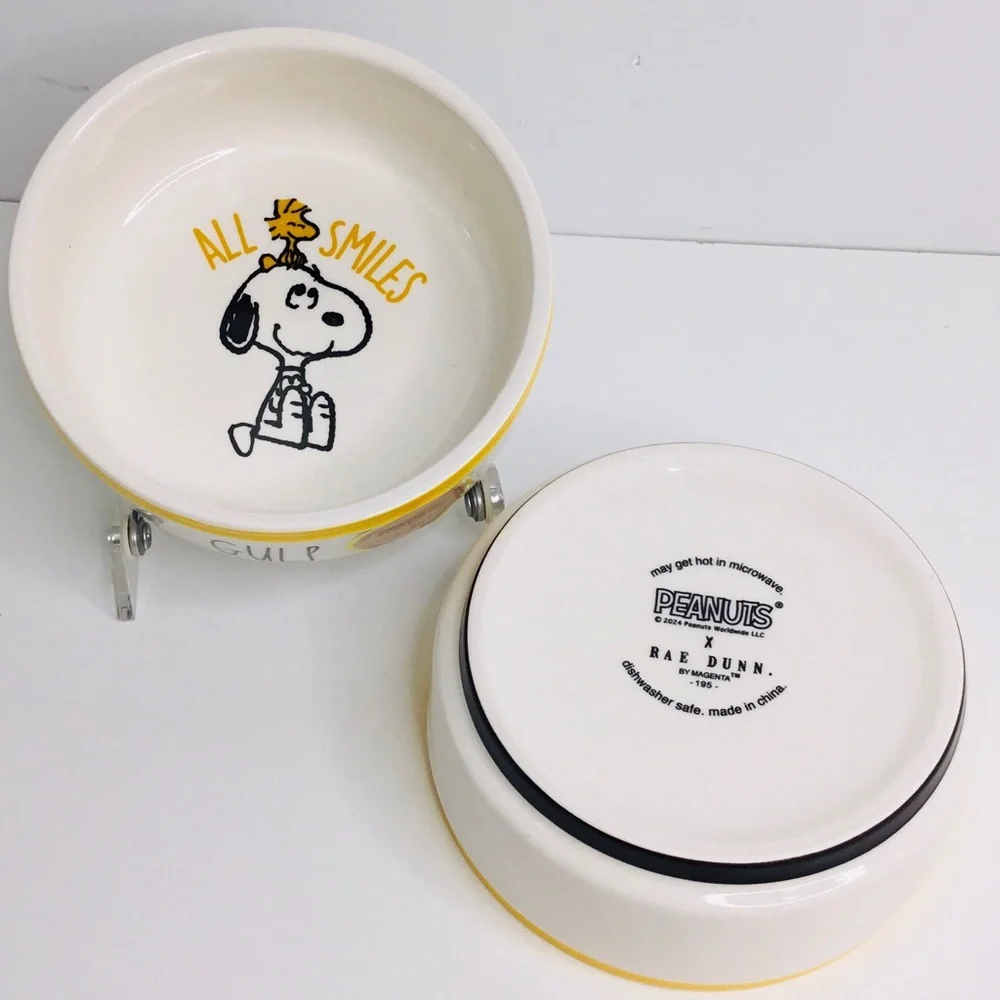 2 Rae Dunn Peanuts Snoopy GULP Woodstock Chow Dog Cat Dish Bowl Ceramic 5” New
